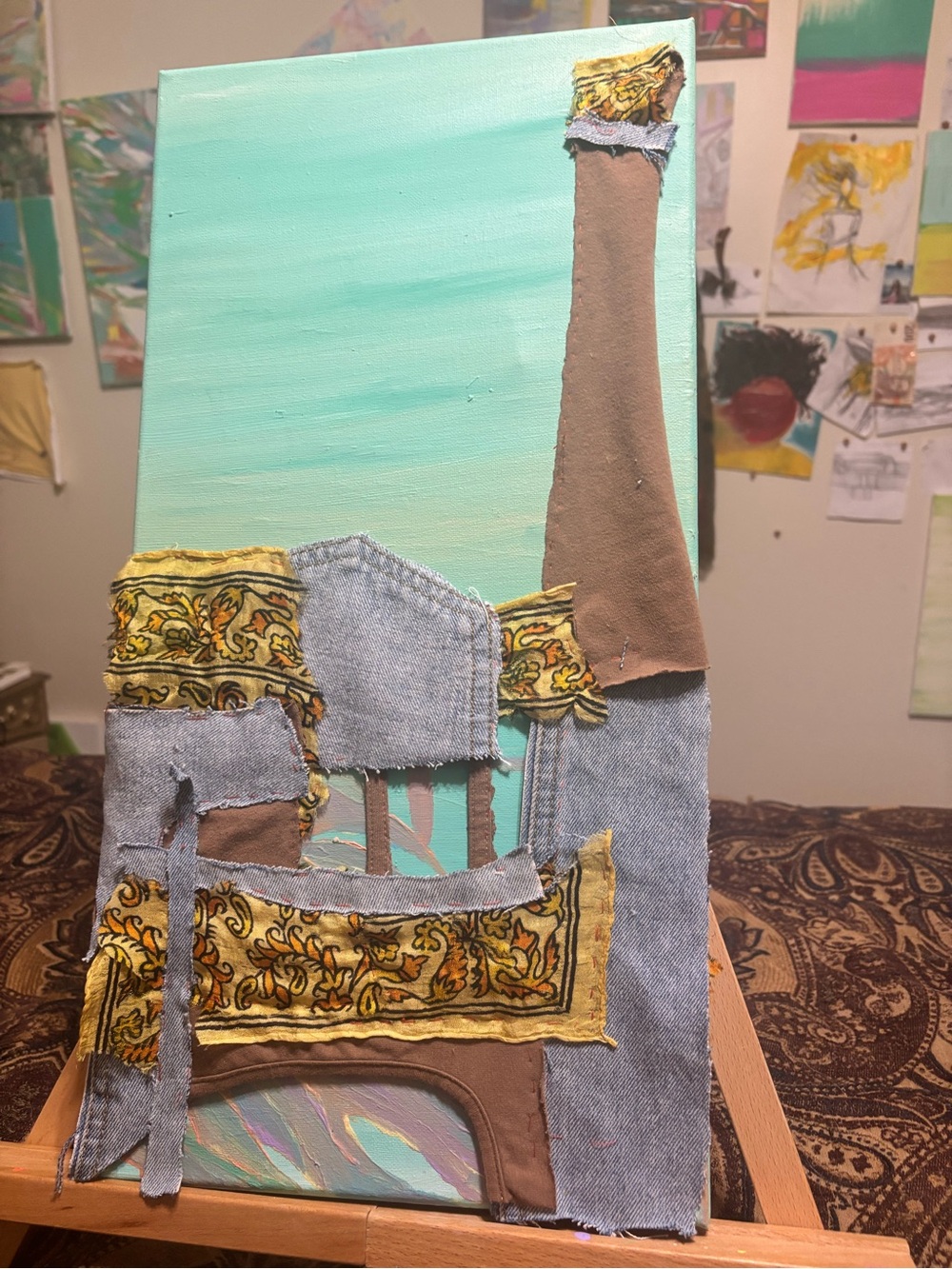 Handmade Mixed-Media Home Art Panel in Aqua, Brown, Denim and Gold